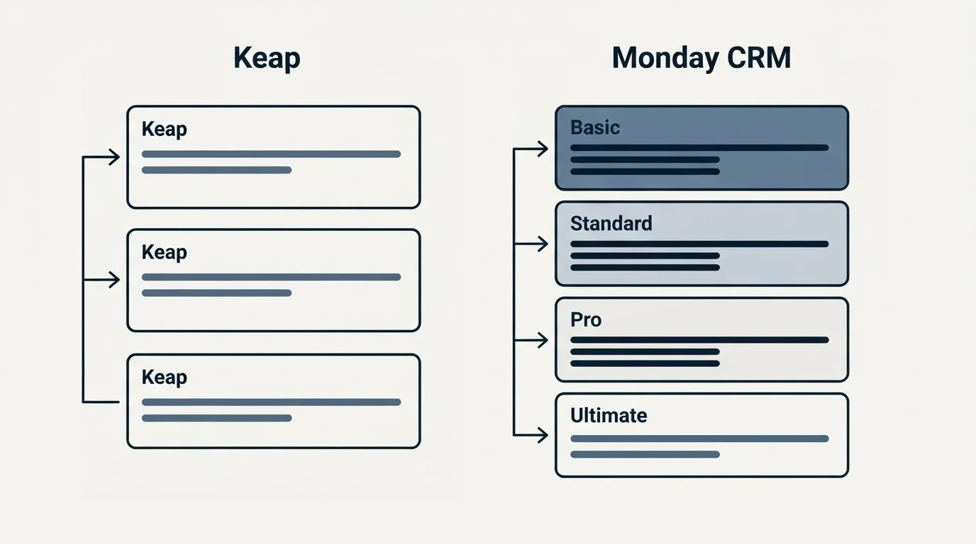 Pricing panels: Pricing Comparison (Keap, Monday CRM, Basic, Standard)