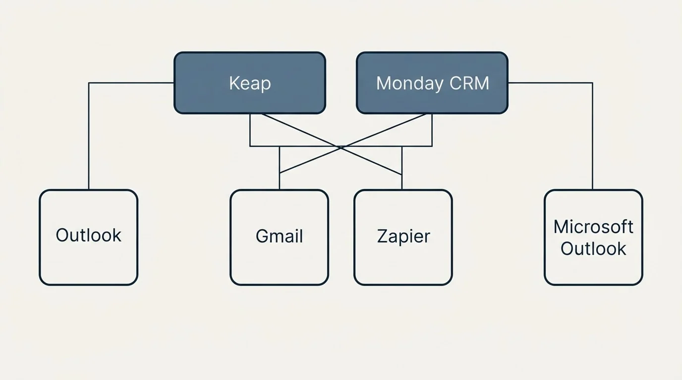 Integration grid: Integration Ecosystem (Keap, Monday CRM, Gmail, Zapier)