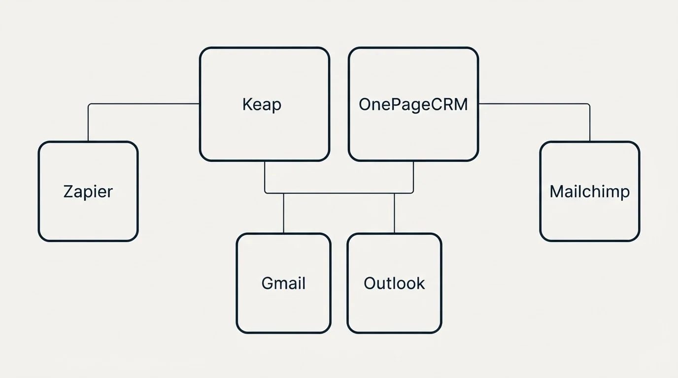 Integration grid: Integration Ecosystem (Keap, OnePageCRM, Gmail, Outlook)