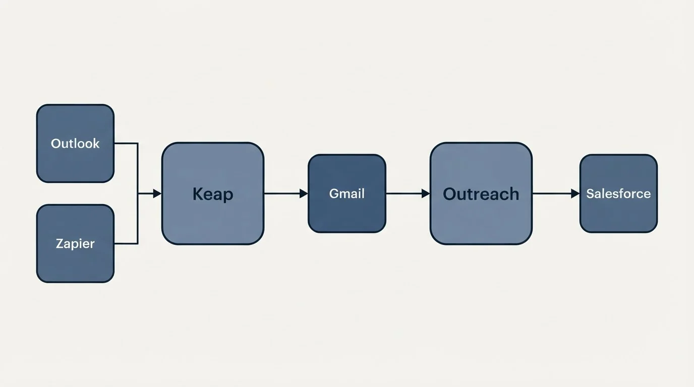 Integration schematic: Integration Ecosystem (Keap, Outreach, Gmail, Outlook)
