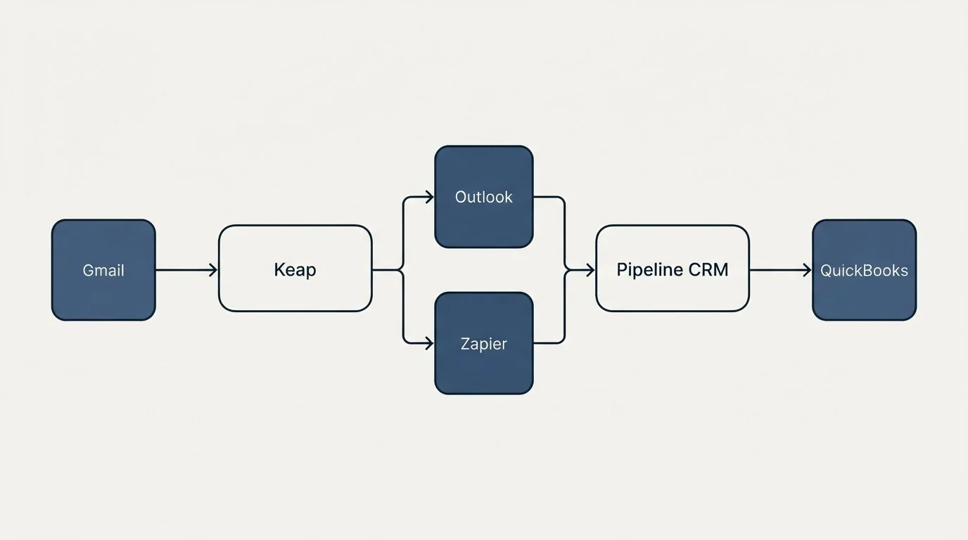 Integration flow: Integration Ecosystem (Keap, Pipeline CRM, Outlook, Zapier)