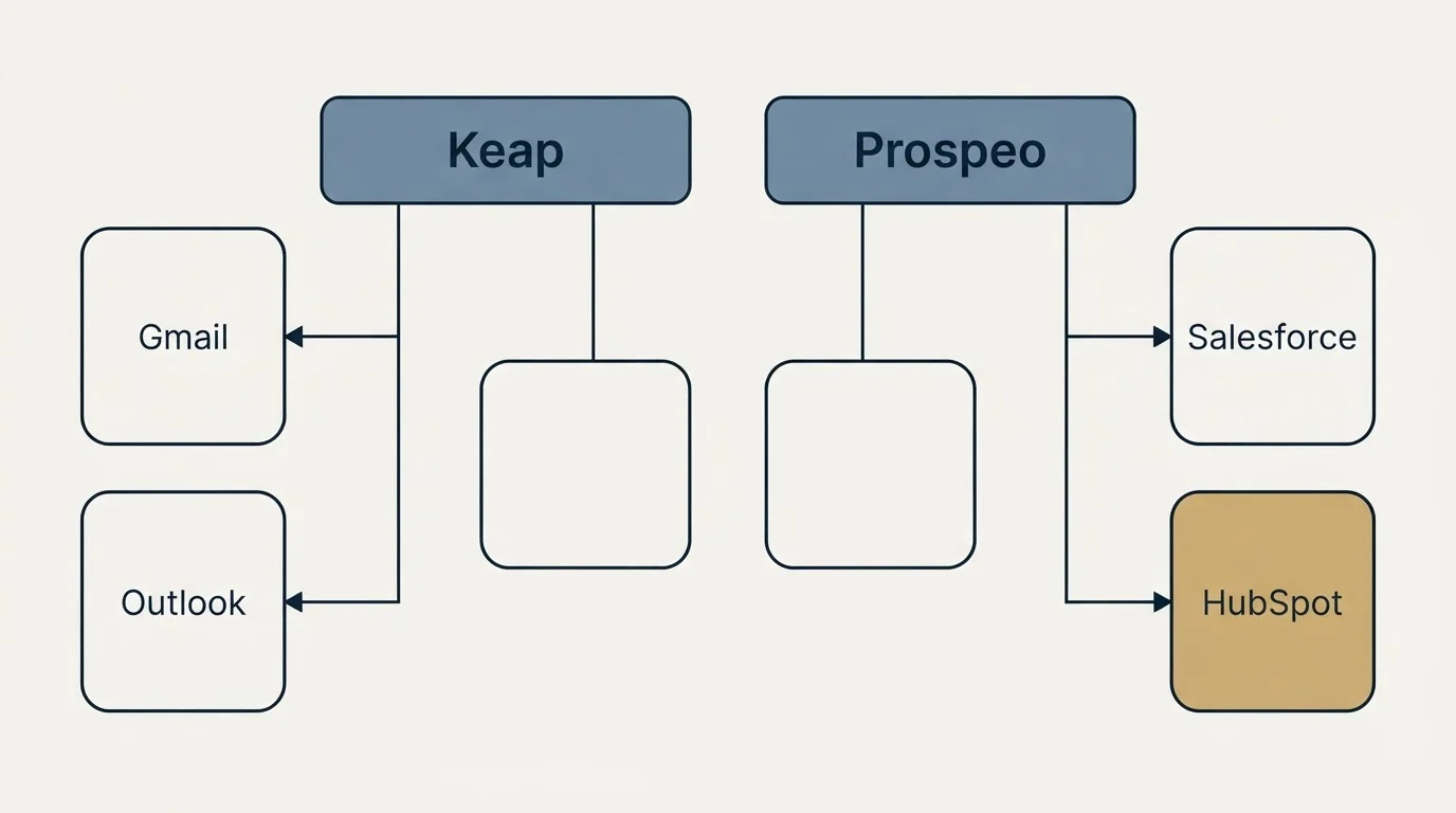 Integration grid: Integration Ecosystem (Keap, Prospeo, Gmail, Salesforce)