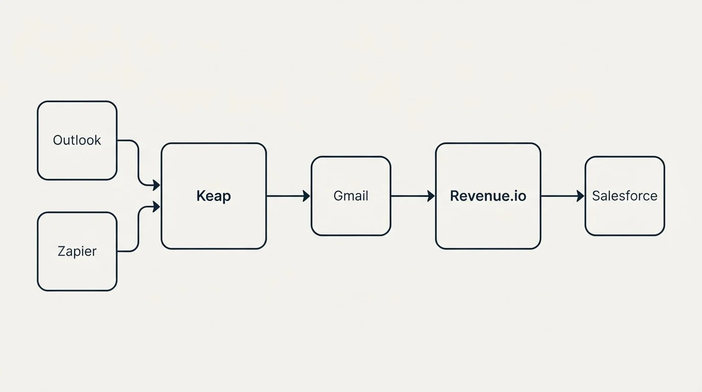 Integration schematic: Integration Ecosystem (Keap, Revenue.io, Gmail, Outlook)