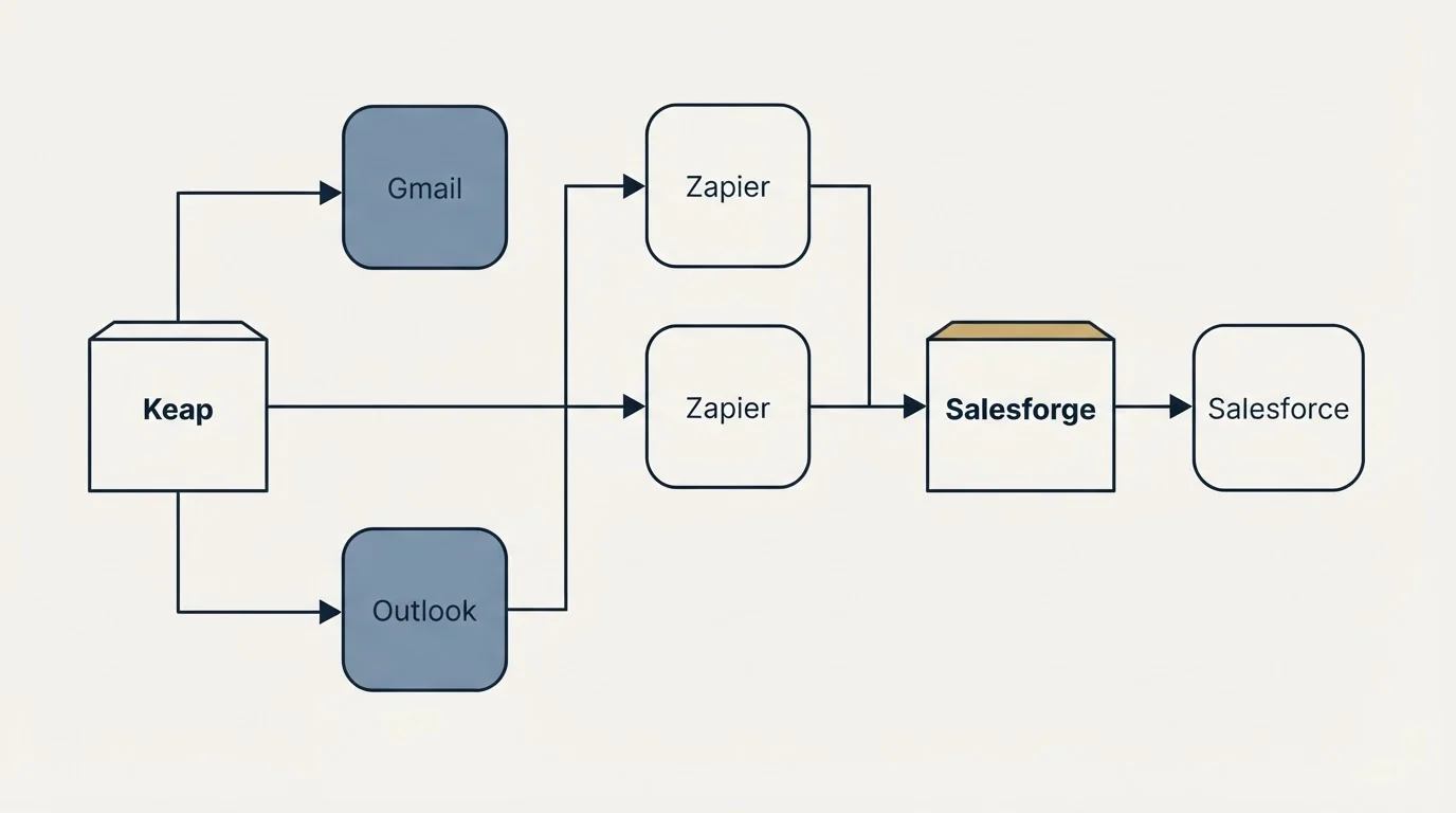 Integration flow: Integration Ecosystem (Keap, Salesforge, Zapier, Gmail)