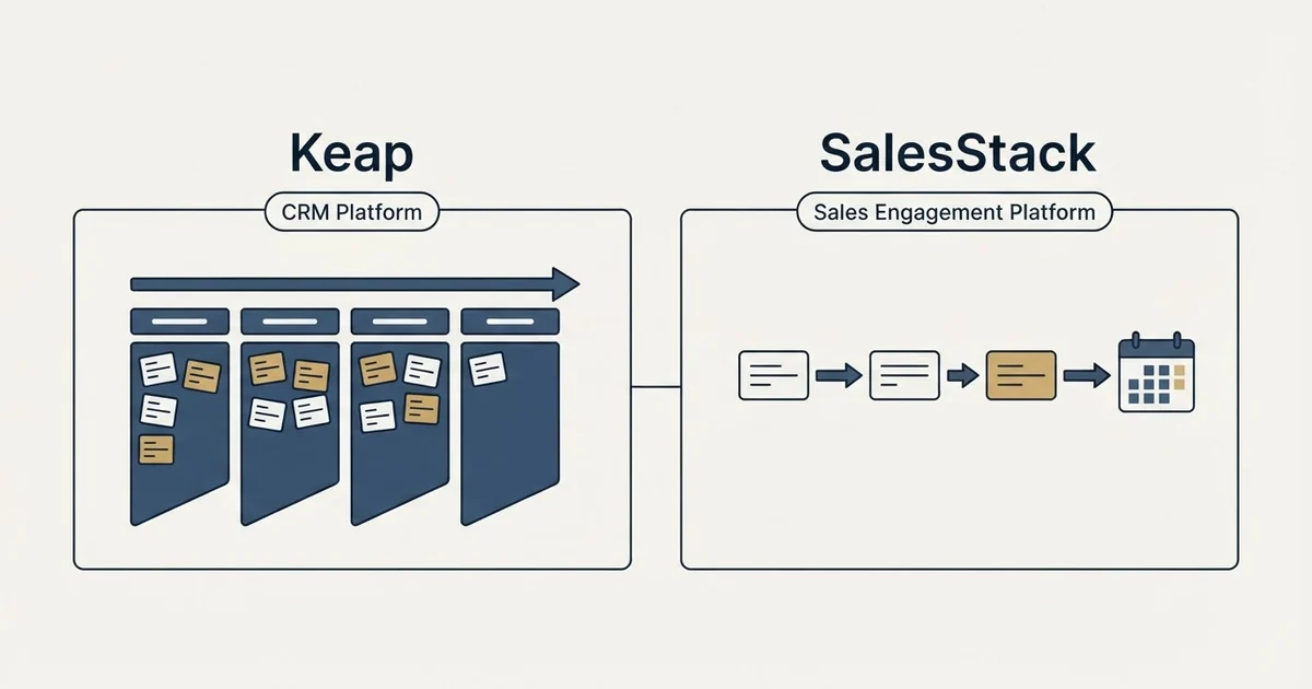 Side-by-side panels: Keap vs SalesStack (CRM Platform, Sales Engagement Platform)
