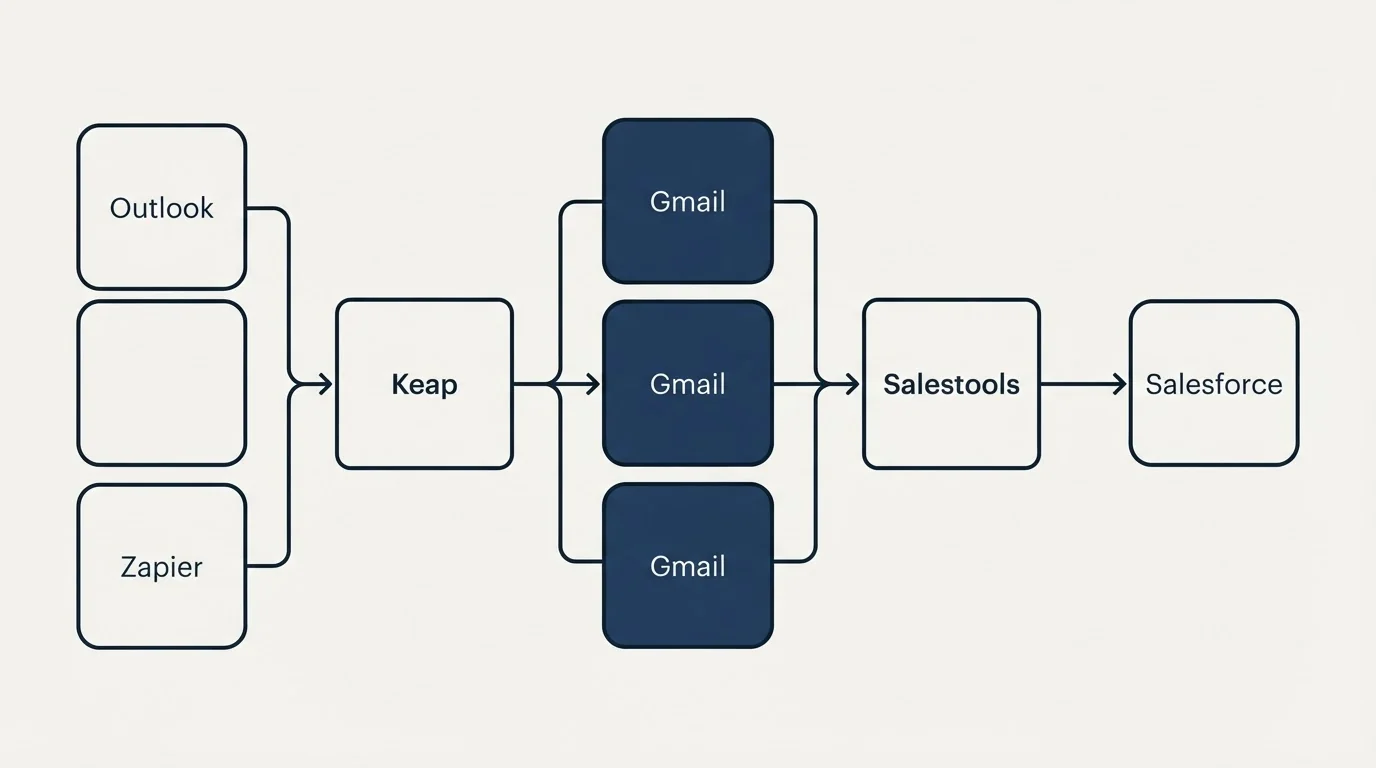 Integration flow: Integration Ecosystem (Keap, Salestools, Gmail, Outlook)