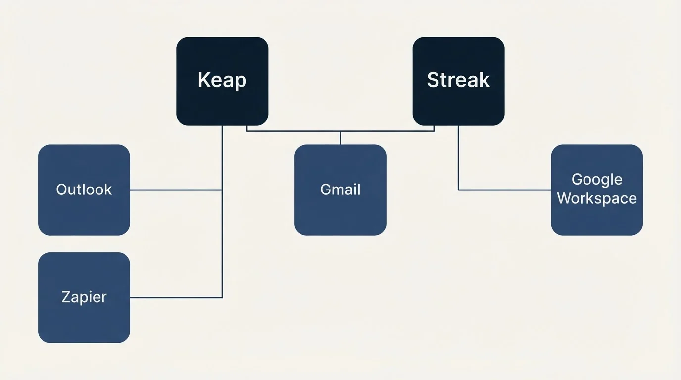 Integration grid: Integration Ecosystem (Keap, Streak, Gmail, Outlook)