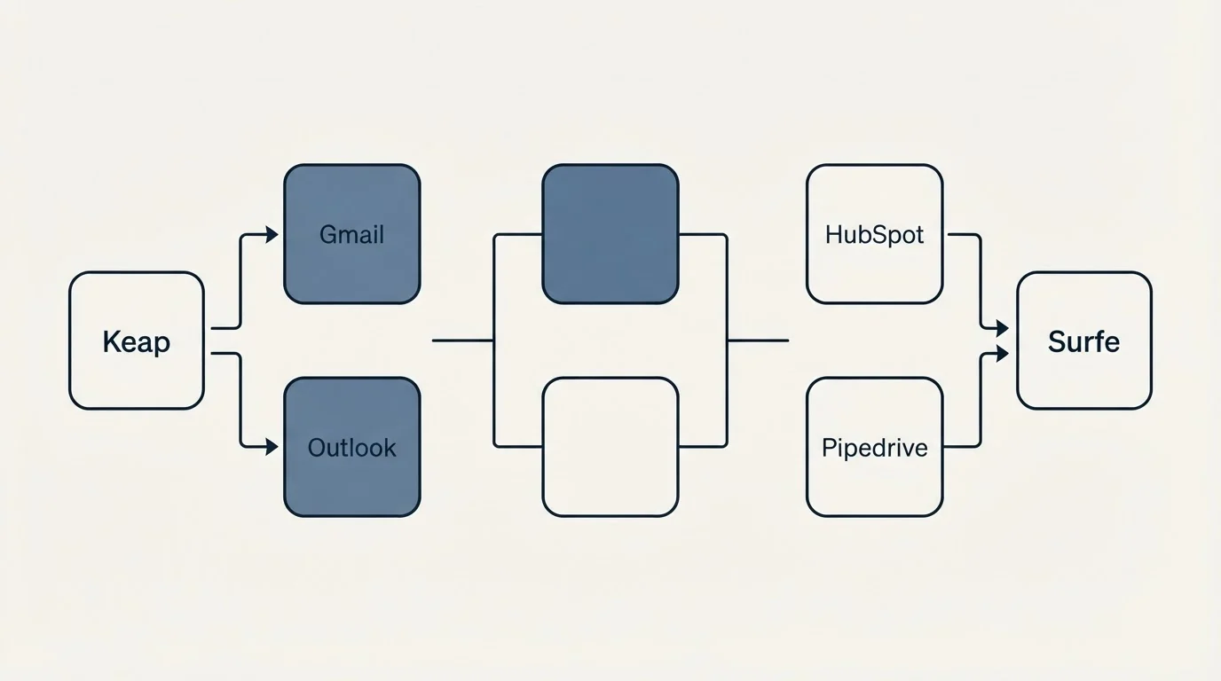 Integration flow: Integration Ecosystem (Keap, Surfe, Gmail, HubSpot)