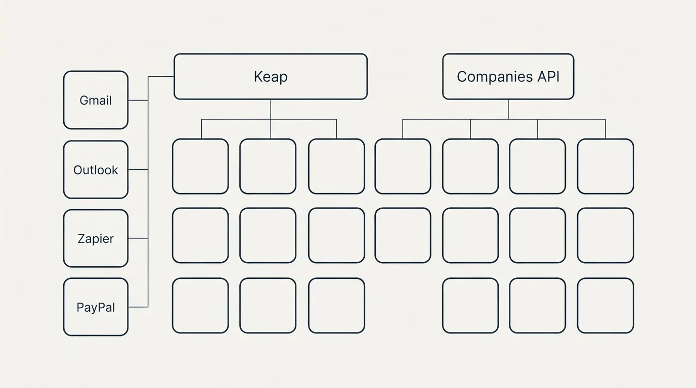Integration grid: Integration Ecosystem (Keap, Companies API, Gmail, Outlook)
