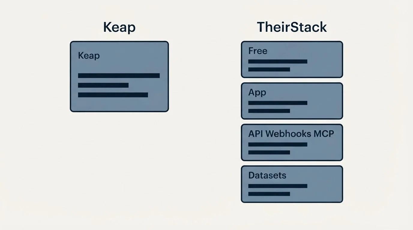 Pricing panels: Pricing Comparison (Keap, TheirStack, Free, App)