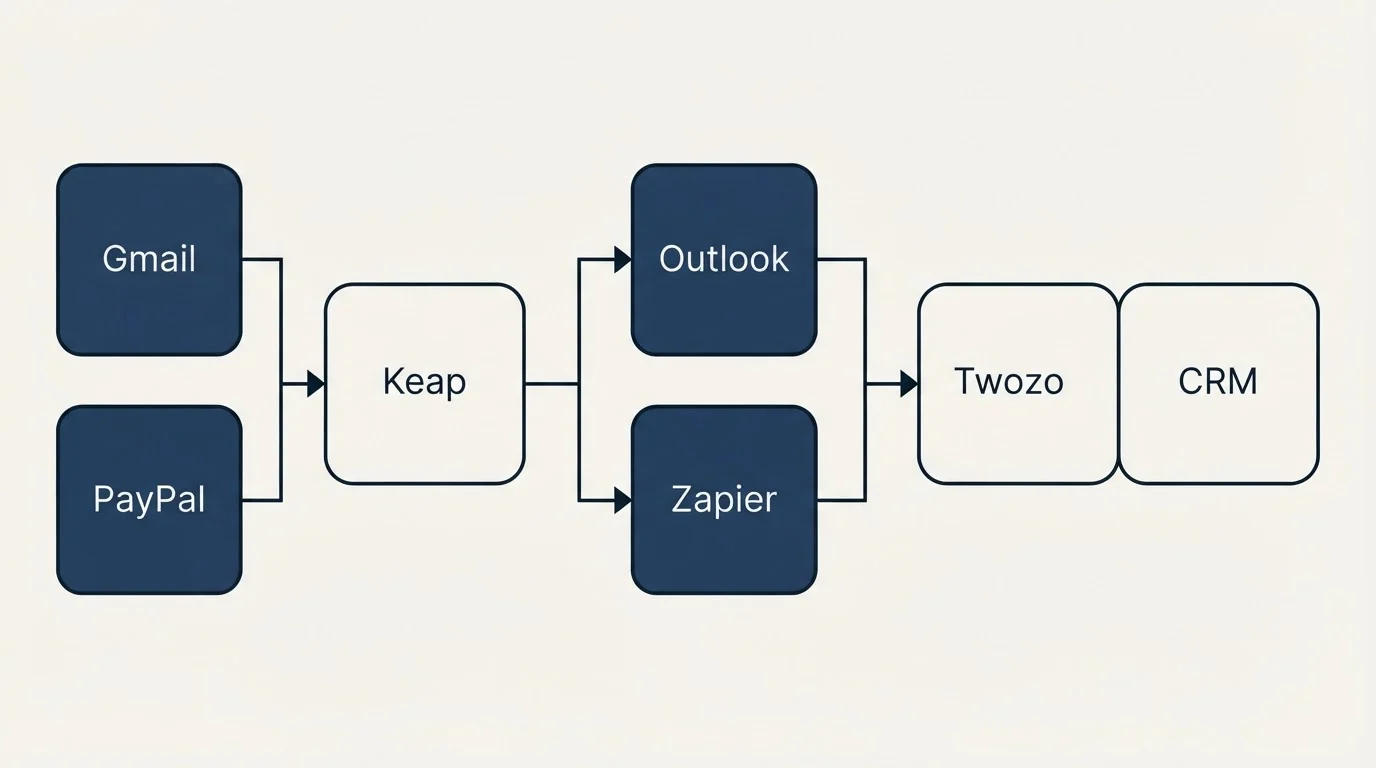 Integration flow: Integration Ecosystem (Keap, Twozo CRM, Outlook, Zapier)