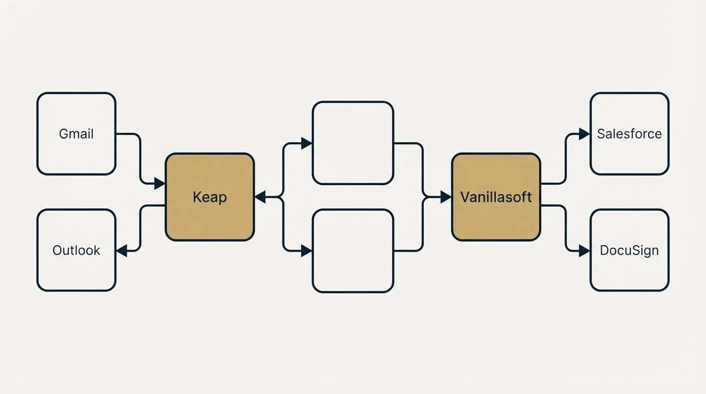 Integration schematic: Integration Ecosystem (Keap, Vanillasoft, Gmail, Salesforce)