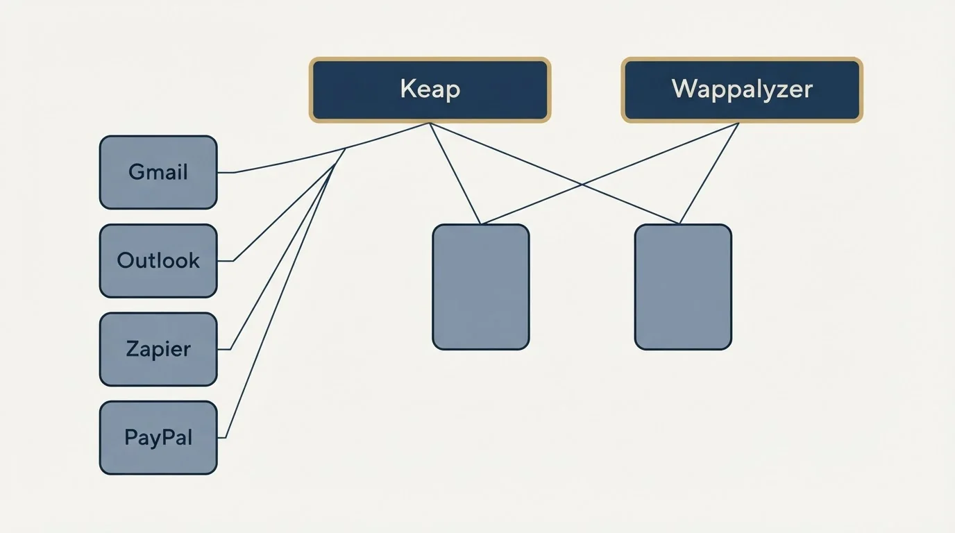 Integration grid: Integration Ecosystem (Keap, Wappalyzer, Gmail, Outlook)