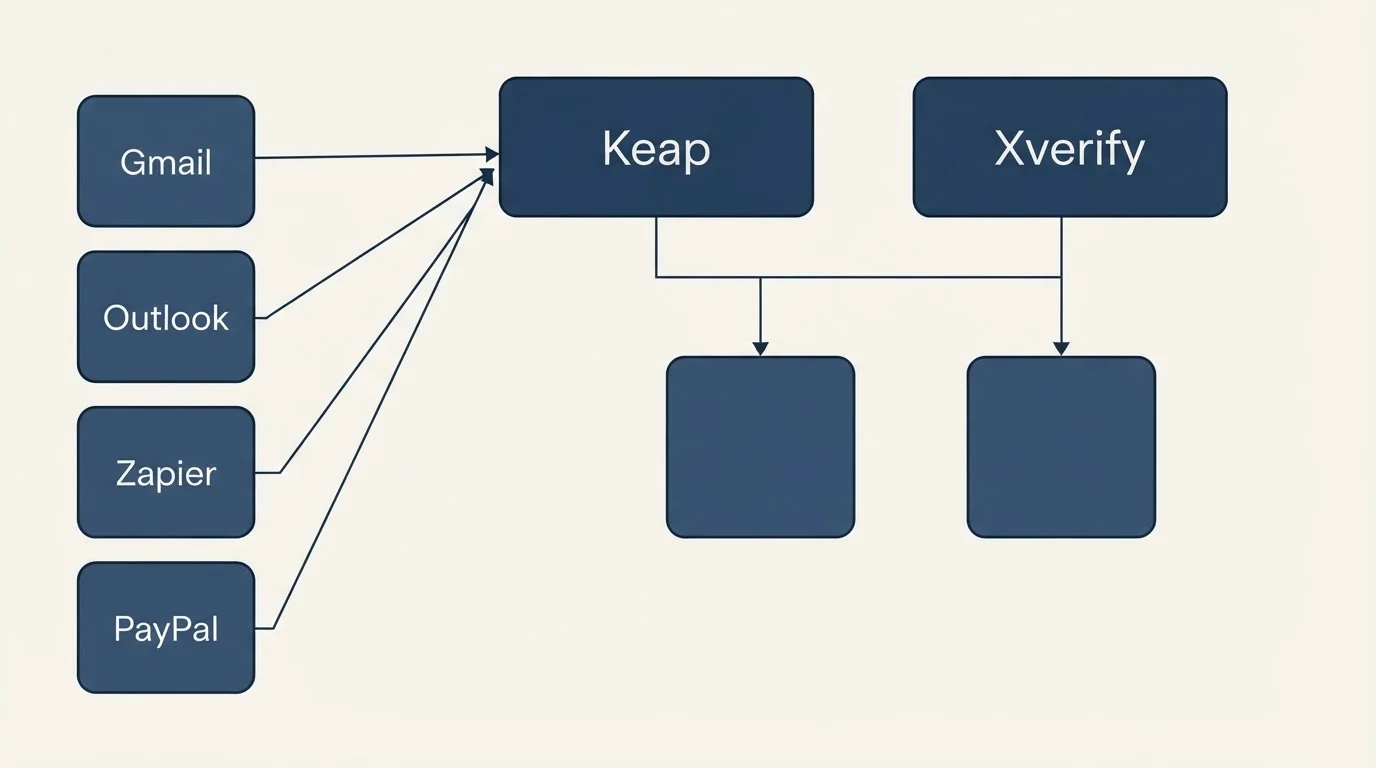 Integration grid: Integration Ecosystem (Keap, Xverify, Gmail, Outlook)
