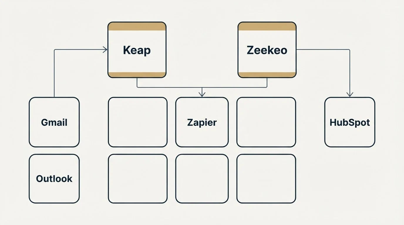 Integration grid: Integration Ecosystem (Keap, Zeekeo, Zapier, Gmail)