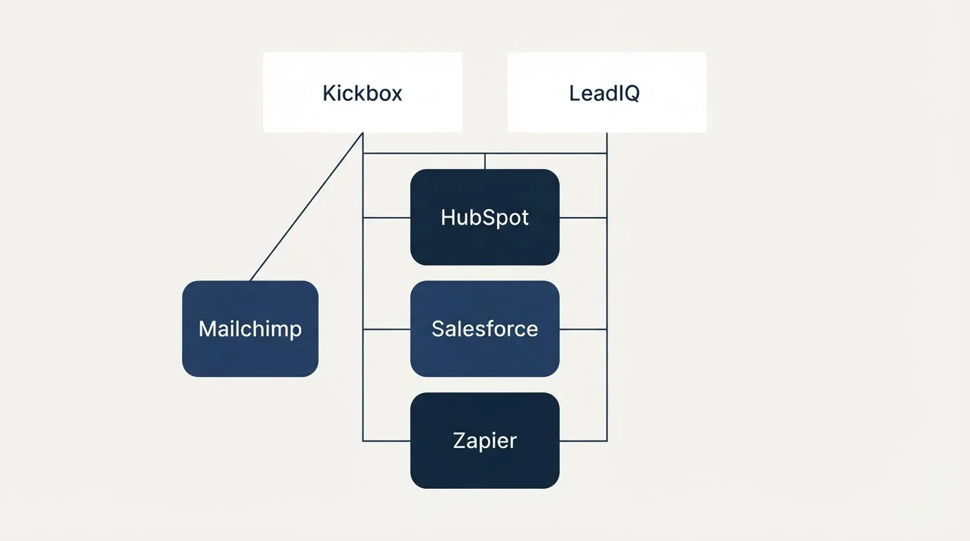 Integration grid: Integration Ecosystem (Kickbox, LeadIQ, HubSpot, Salesforce)