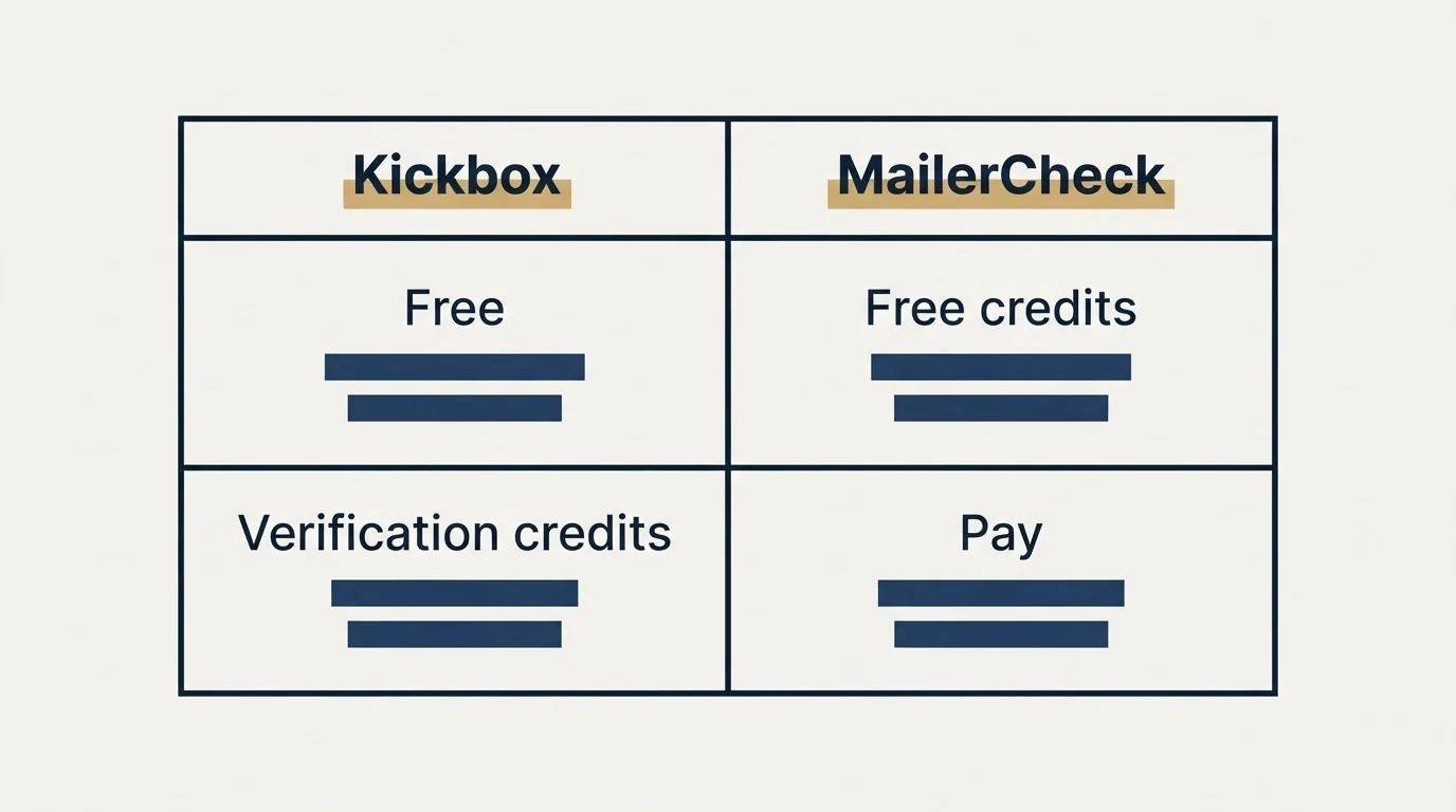 Pricing table: Pricing Comparison (Kickbox, MailerCheck, Free, Free credits)