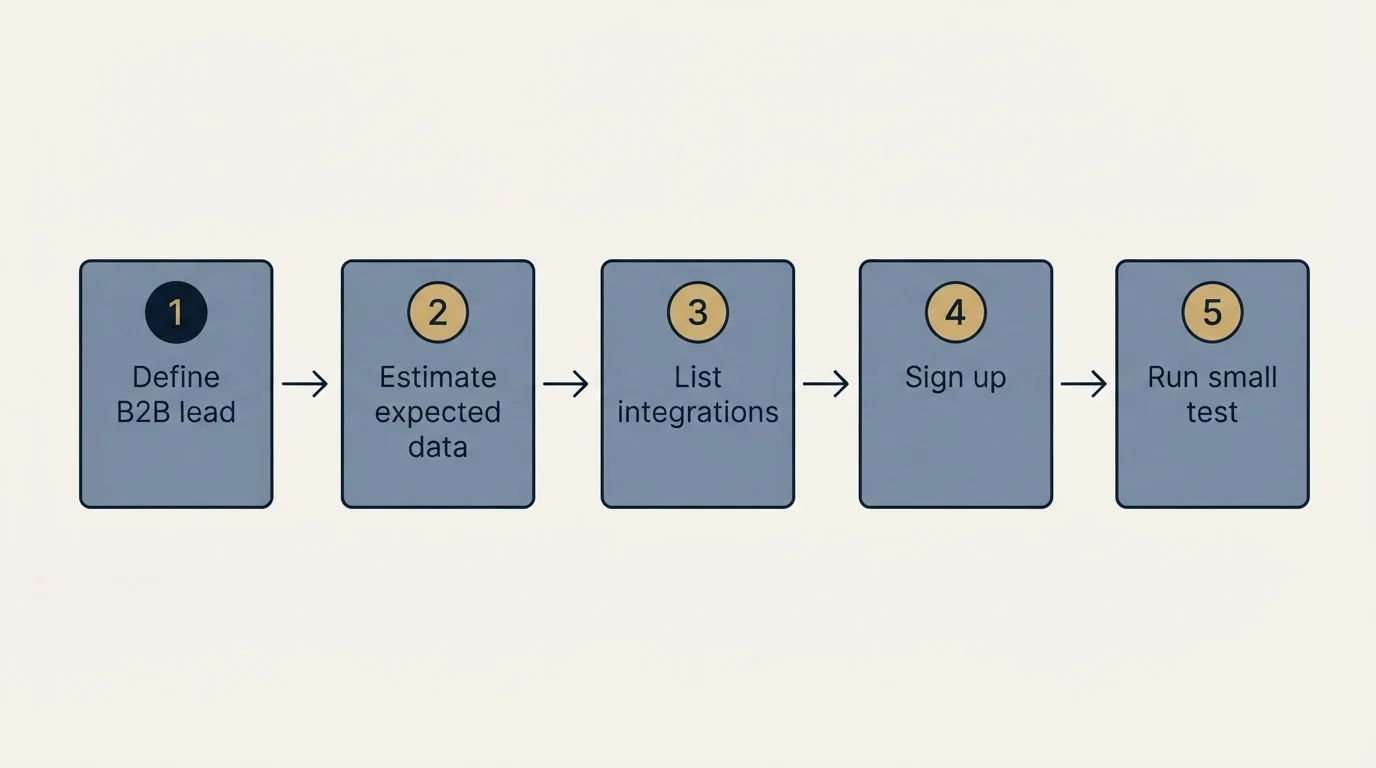 Step sequence: Getting Started Checklist (Define B2B lead, Estimate expected data, List integrations, Sign up)