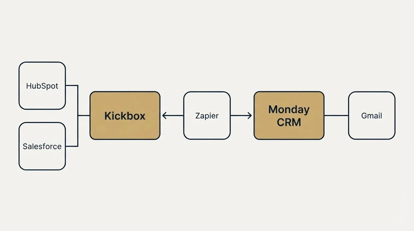 Integration flow: Integration Ecosystem (Kickbox, Monday CRM, Zapier, HubSpot)