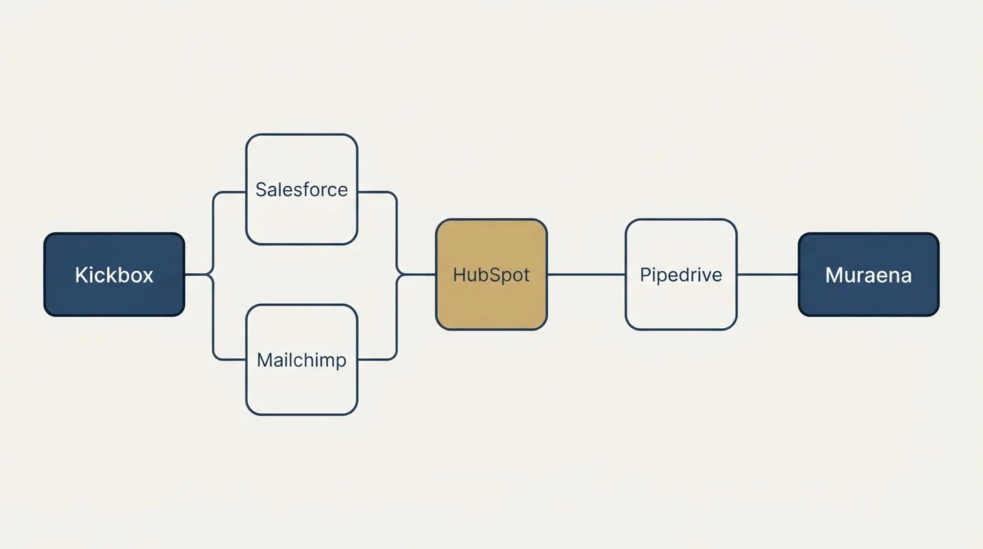 Integration flow: Integration Ecosystem (Kickbox, Muraena, HubSpot, Salesforce)