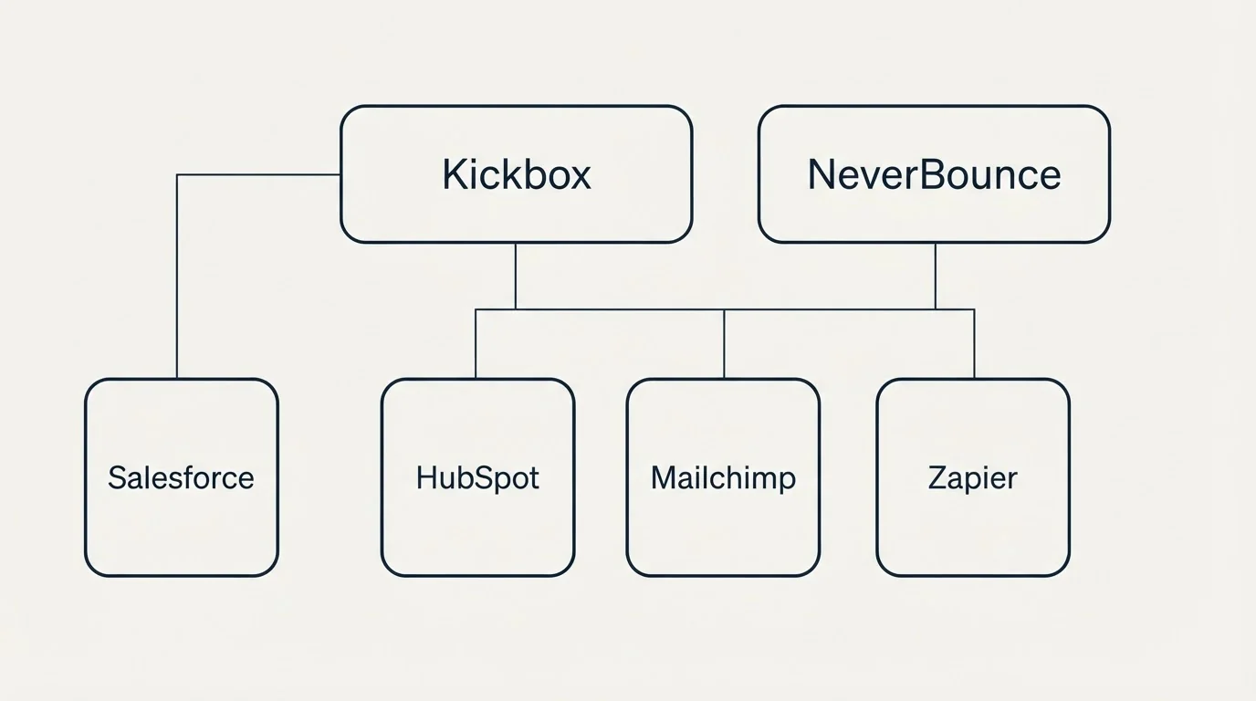 Integration grid: Integration Ecosystem (Kickbox, NeverBounce, HubSpot, Mailchimp)