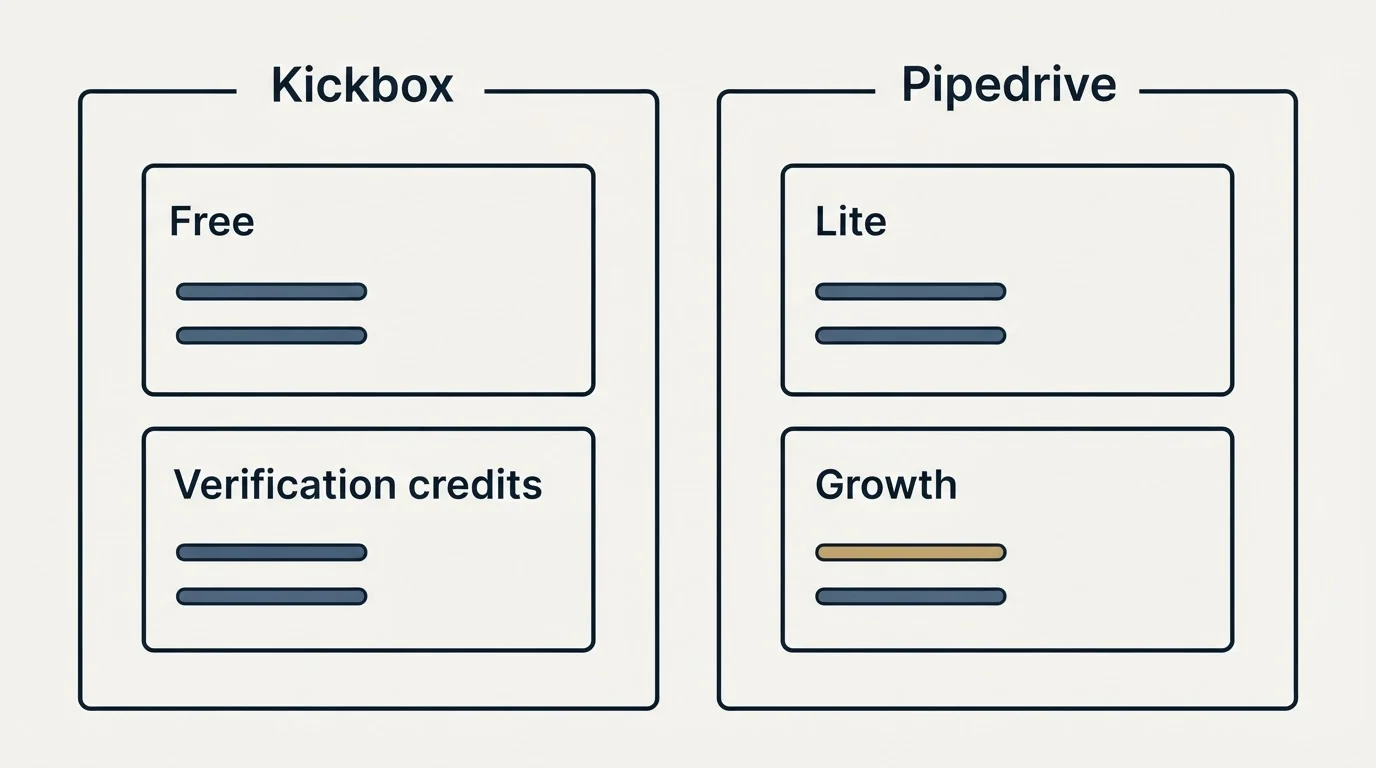 Pricing panels: Pricing Comparison (Kickbox, Pipedrive, Free, Lite)