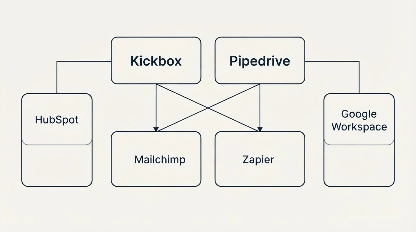 Integration grid: Integration Ecosystem (Kickbox, Pipedrive, Mailchimp, Zapier)