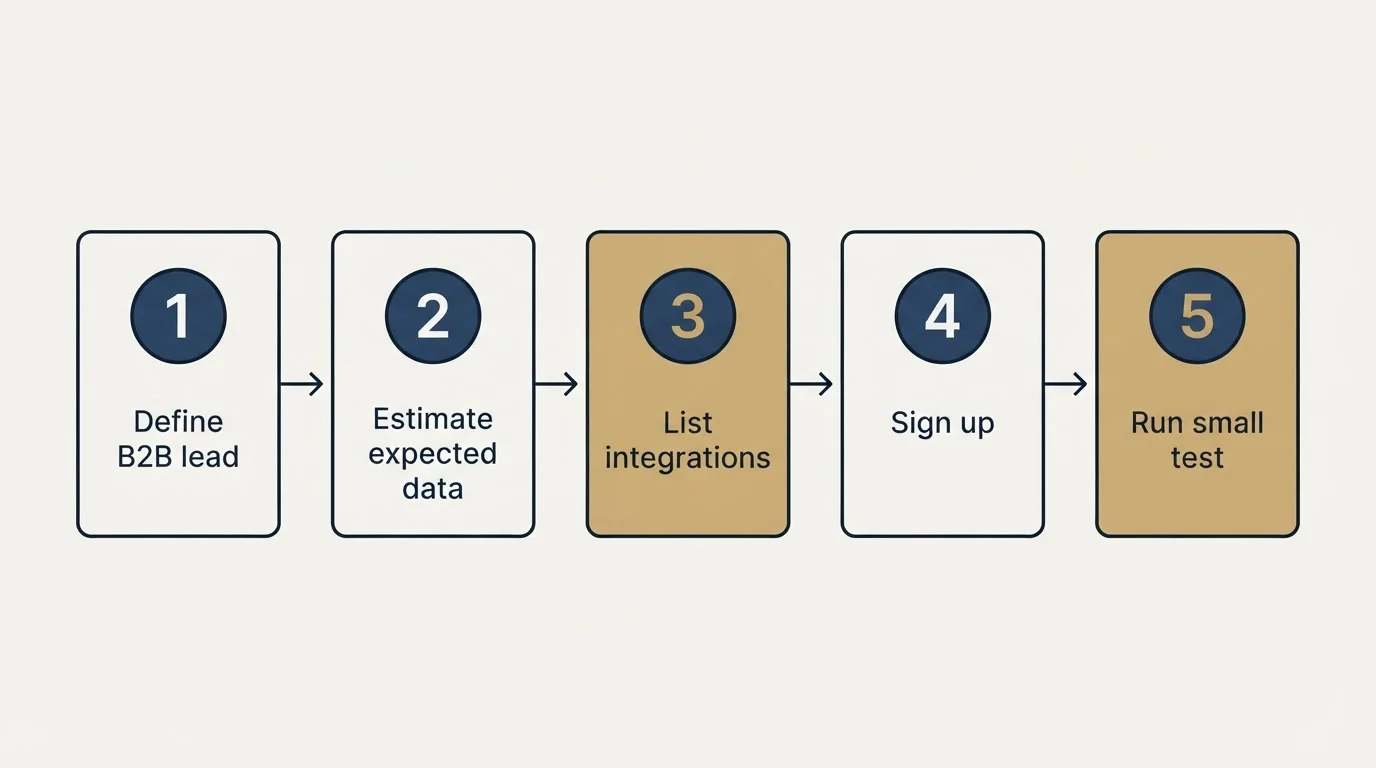 Step sequence: Getting Started Checklist (Define B2B lead, Estimate expected data, List integrations, Sign up)