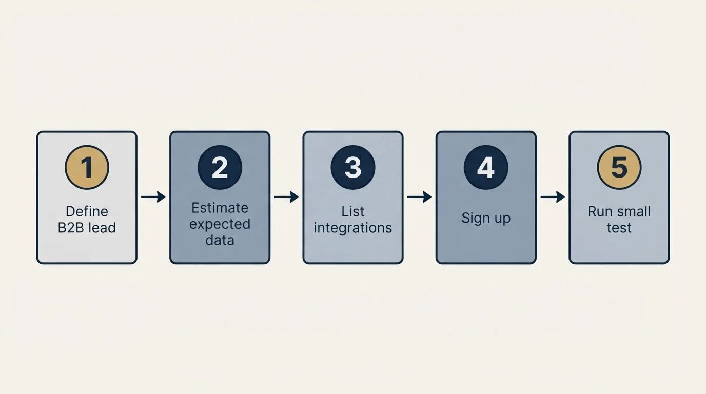 Step sequence: Getting Started Checklist (Define B2B lead, Estimate expected data, List integrations, Sign up)