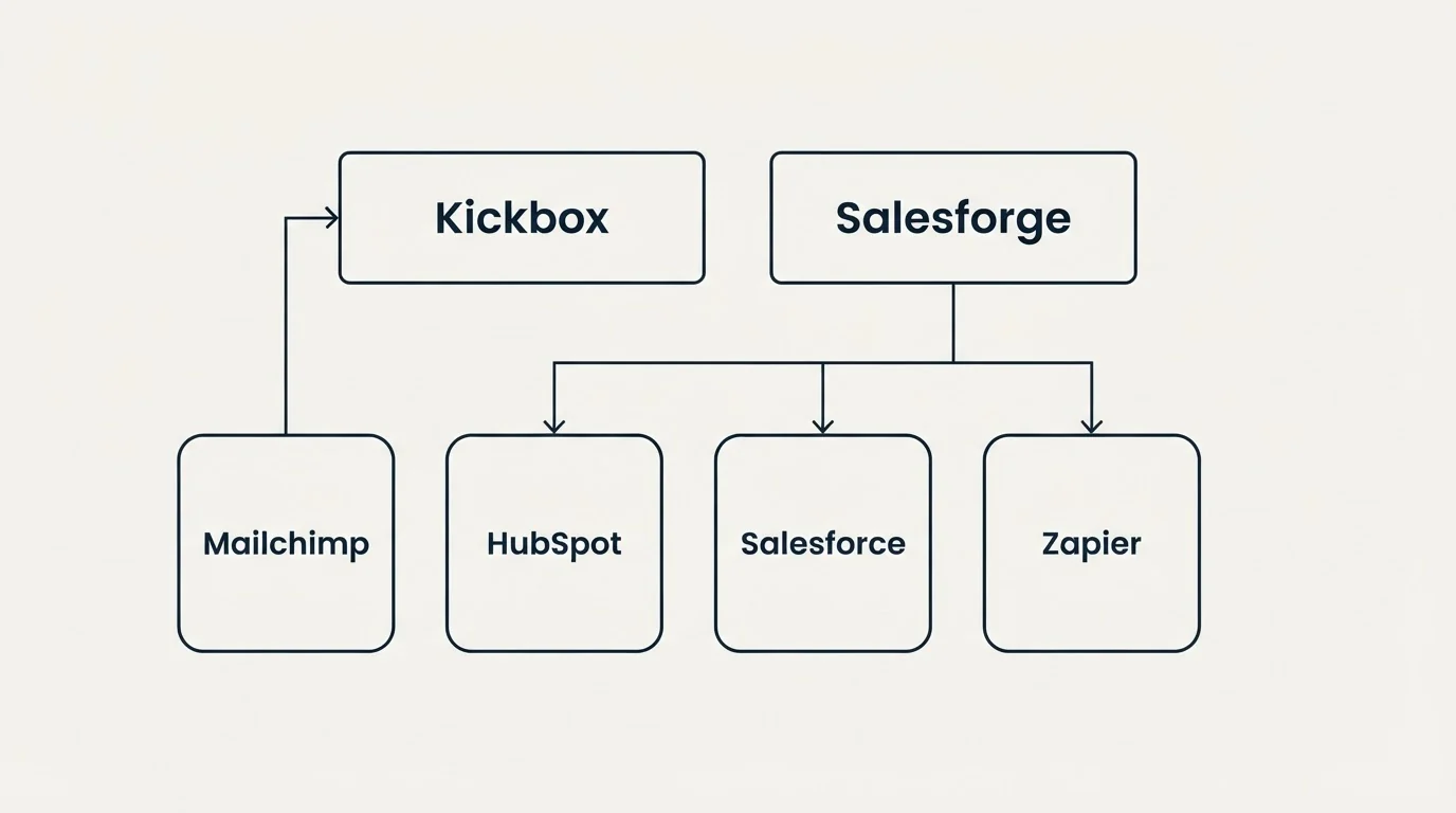 Integration grid: Integration Ecosystem (Kickbox, Salesforge, HubSpot, Salesforce)