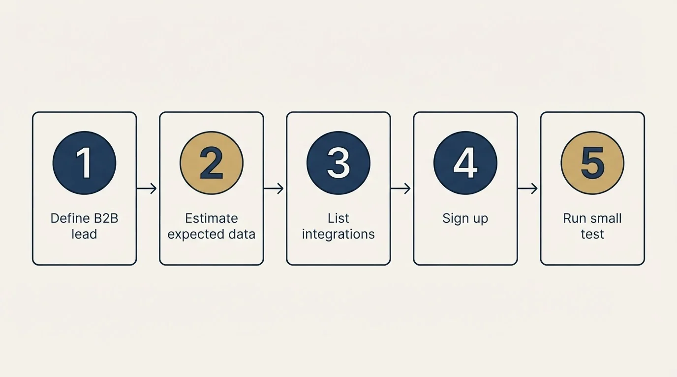Step sequence: Getting Started Checklist (Define B2B lead, Estimate expected data, List integrations, Sign up)
