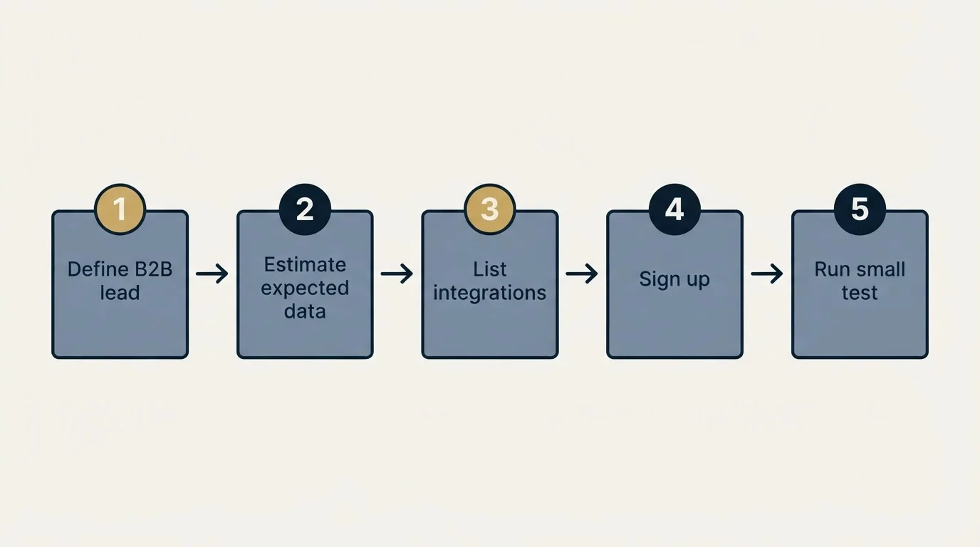 Step sequence: Getting Started Checklist (Define B2B lead, Estimate expected data, List integrations, Sign up)