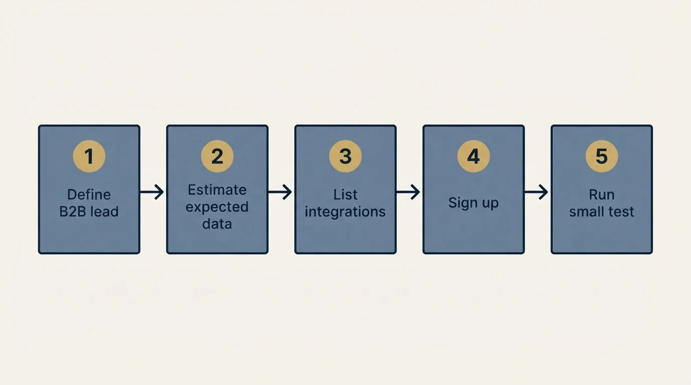 Step sequence: Getting Started Checklist (Define B2B lead, Estimate expected data, List integrations, Sign up)