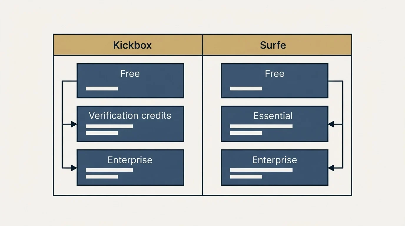 Pricing table: Pricing Comparison (Kickbox, Surfe, Free, Verification credits)