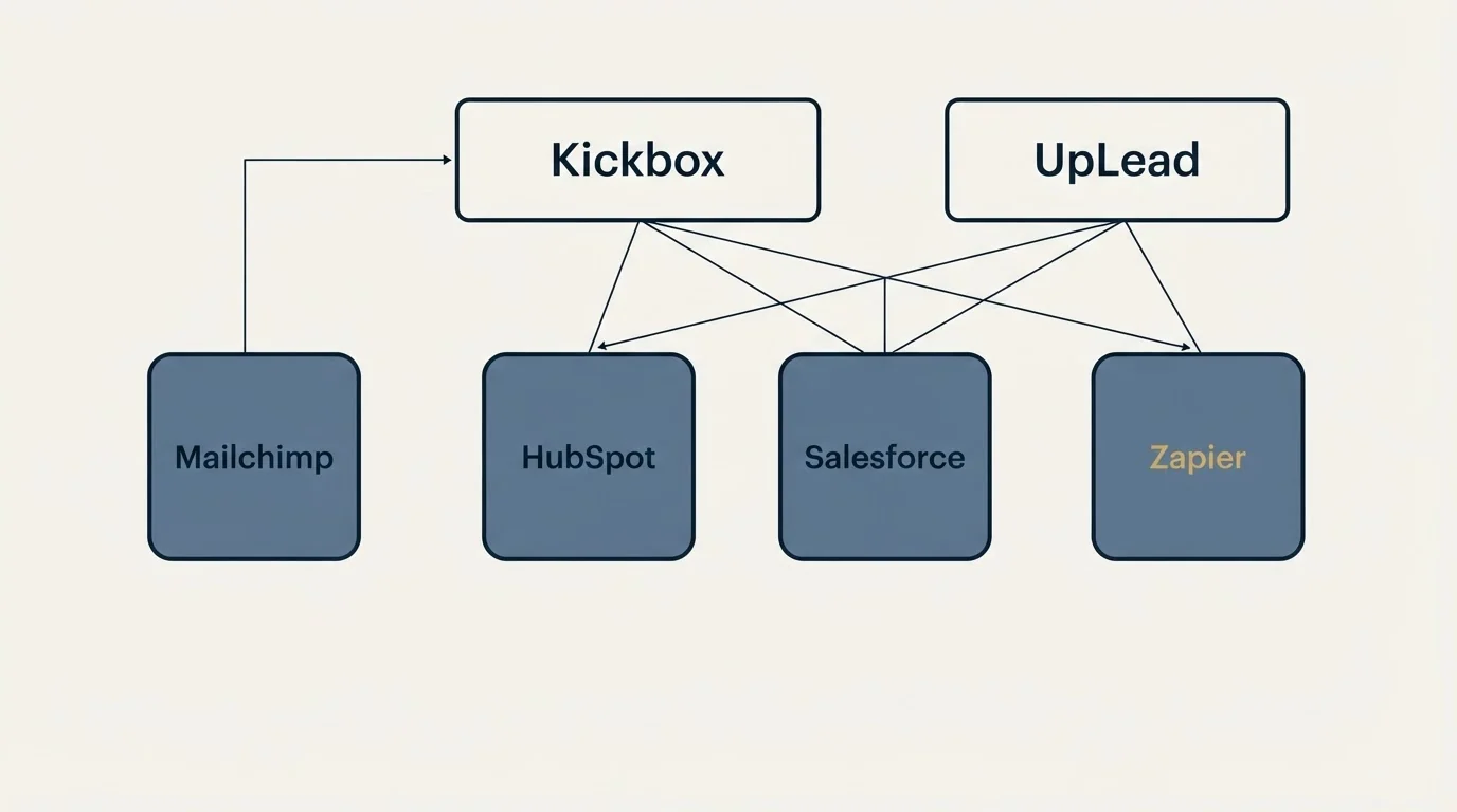 Integration grid: Integration Ecosystem (Kickbox, UpLead, HubSpot, Salesforce)