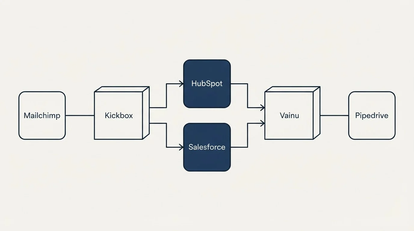 Integration flow: Integration Ecosystem (Kickbox, Vainu, HubSpot, Salesforce)