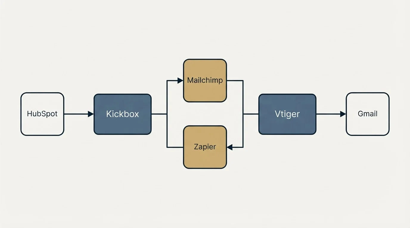 Integration flow: Integration Ecosystem (Kickbox, Vtiger, Mailchimp, Zapier)
