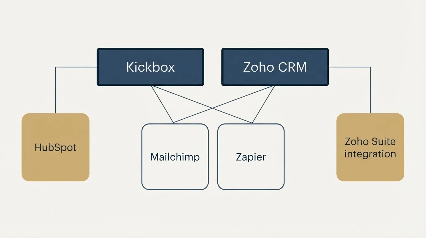 Integration grid: Integration Ecosystem (Kickbox, Zoho CRM, Mailchimp, Zapier)