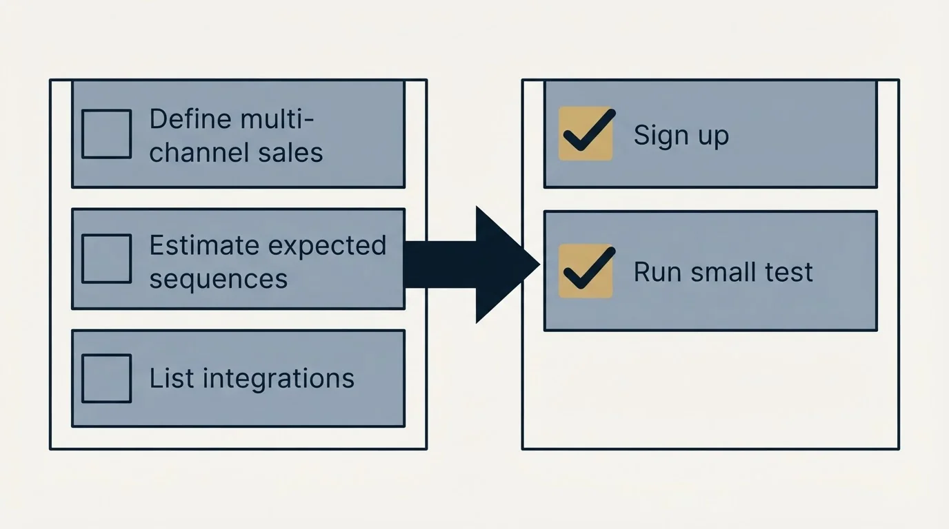 Before-and-after steps: Getting Started Checklist (Define multi-channel sales, Estimate expected sequences, List integrations, Sign up)