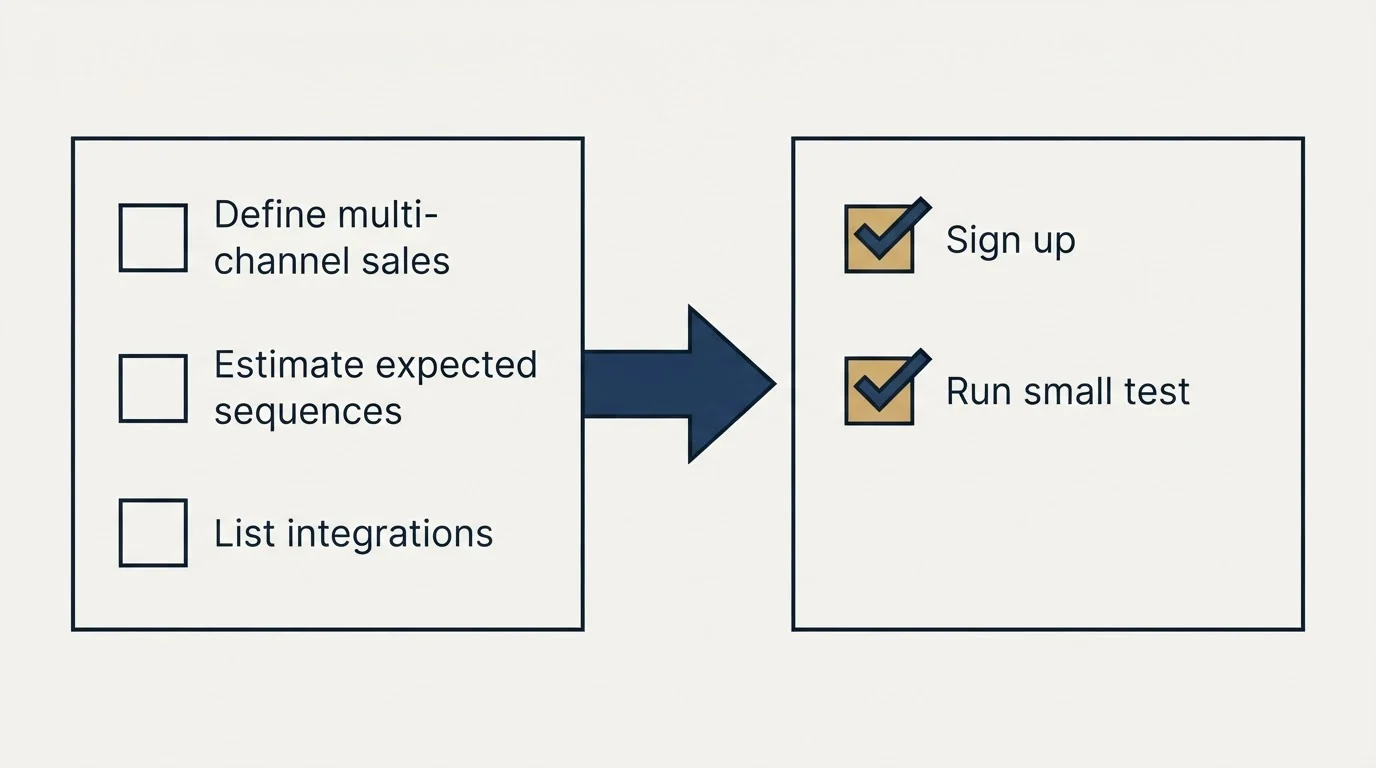 Before-and-after steps: Getting Started Checklist (Define multi-channel sales, Estimate expected sequences, List integrations, Sign up)