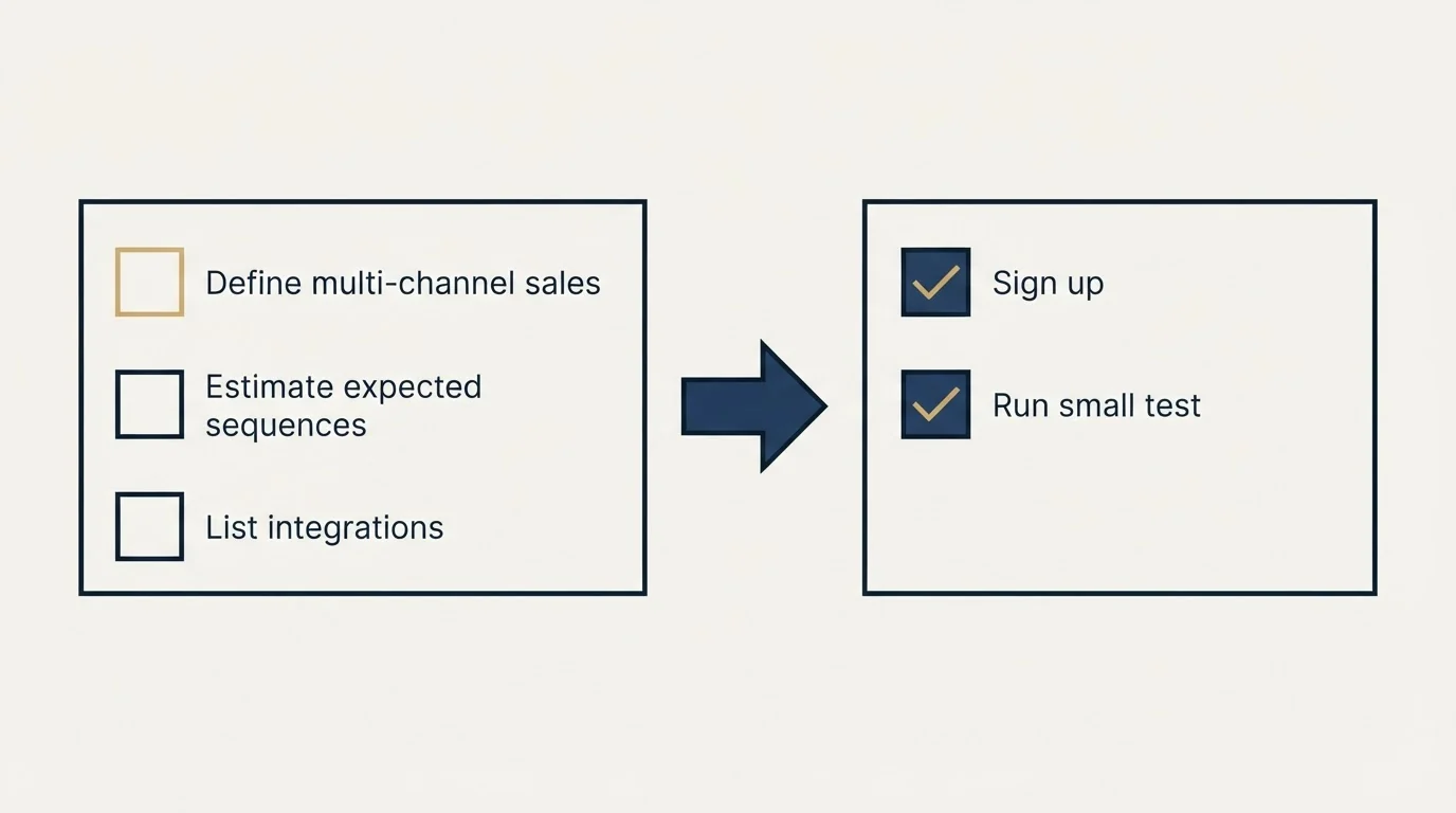 Before-and-after steps: Getting Started Checklist (Define multi-channel sales, Estimate expected sequences, List integrations, Sign up)