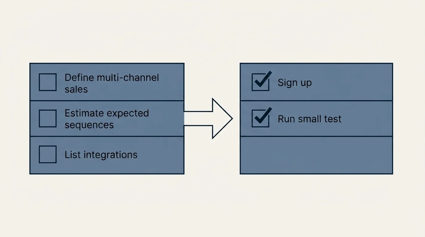 Before-and-after steps: Getting Started Checklist (Define multi-channel sales, Estimate expected sequences, List integrations, Sign up)
