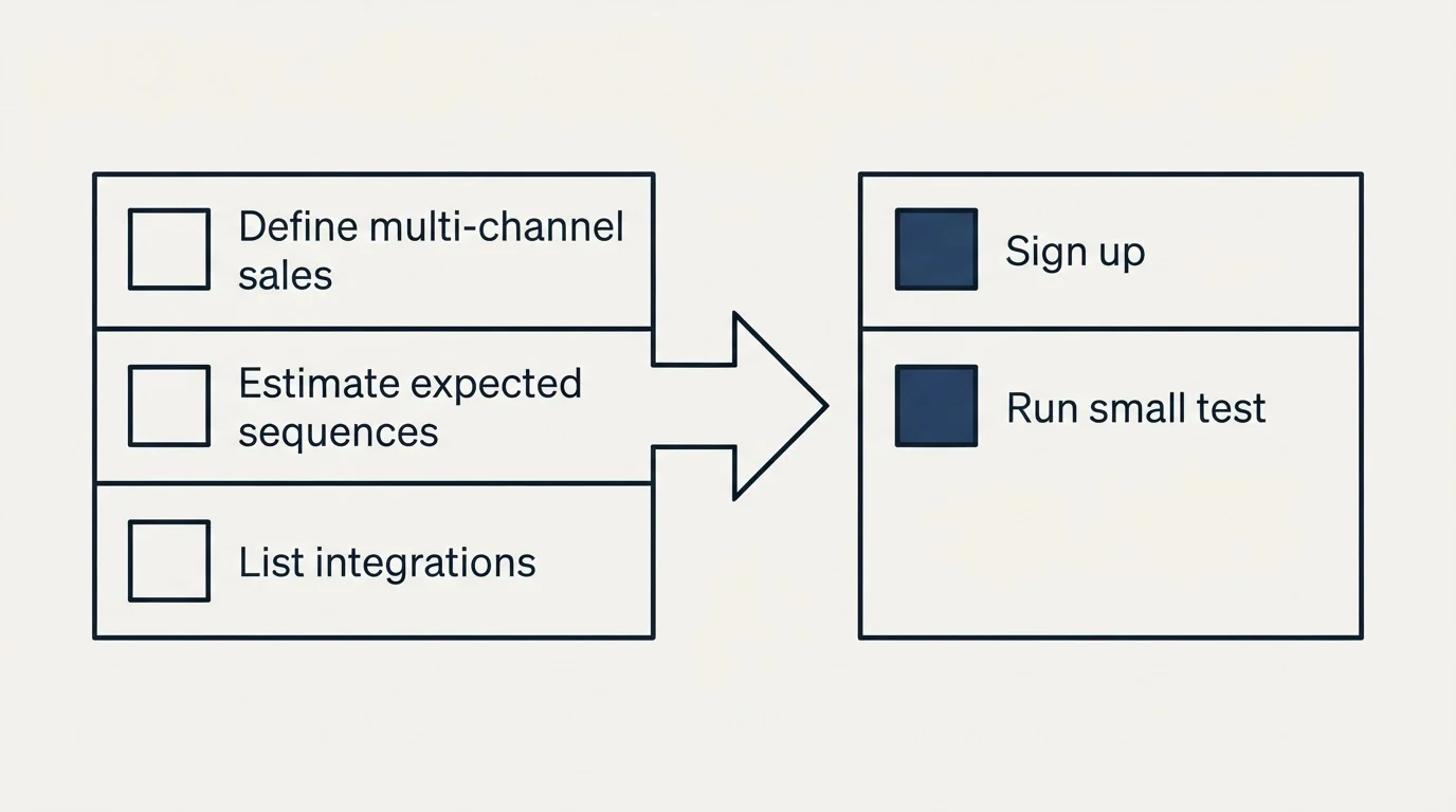 Before-and-after steps: Getting Started Checklist (Define multi-channel sales, Estimate expected sequences, List integrations, Sign up)
