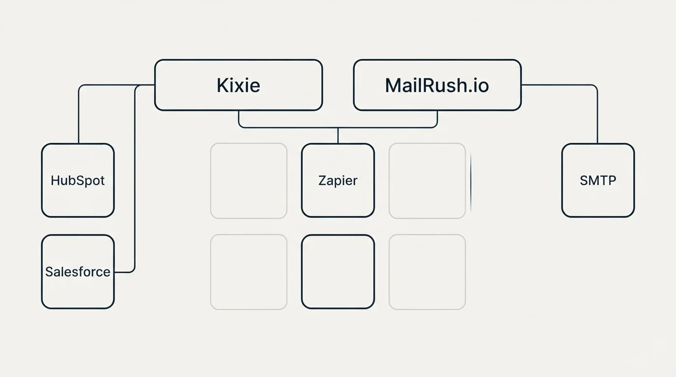 Integration grid: Integration Ecosystem (Kixie, MailRush.io, Zapier, HubSpot)