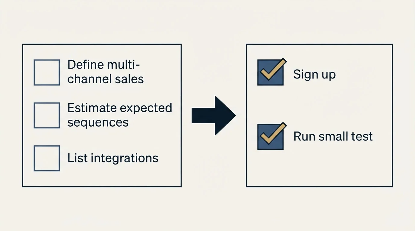Before-and-after steps: Getting Started Checklist (Define multi-channel sales, Estimate expected sequences, List integrations, Sign up)