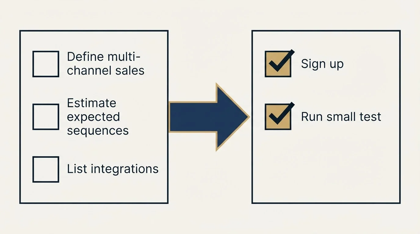 Before-and-after steps: Getting Started Checklist (Define multi-channel sales, Estimate expected sequences, List integrations, Sign up)