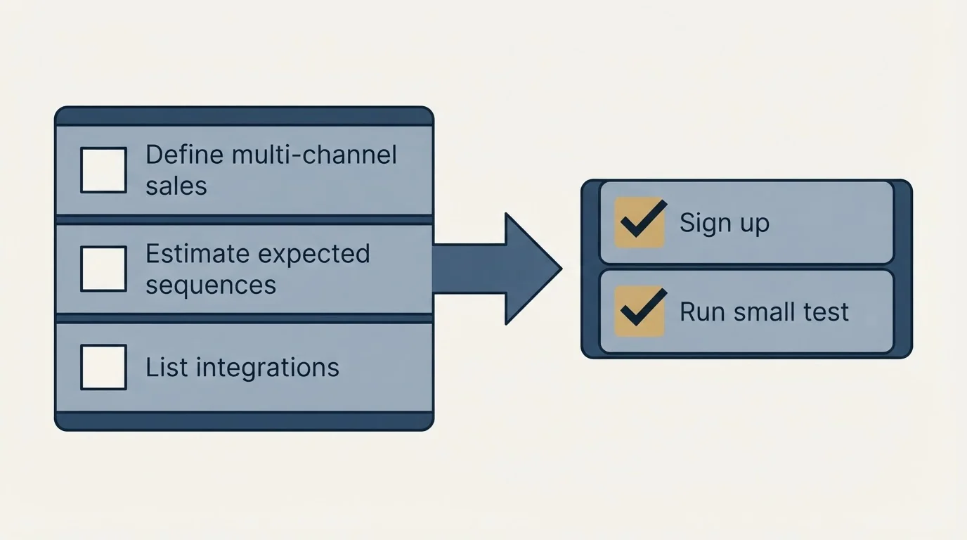 Before-and-after steps: Getting Started Checklist (Define multi-channel sales, Estimate expected sequences, List integrations, Sign up)