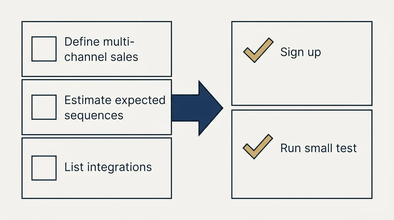 Before-and-after steps: Getting Started Checklist (Define multi-channel sales, Estimate expected sequences, List integrations, Sign up)