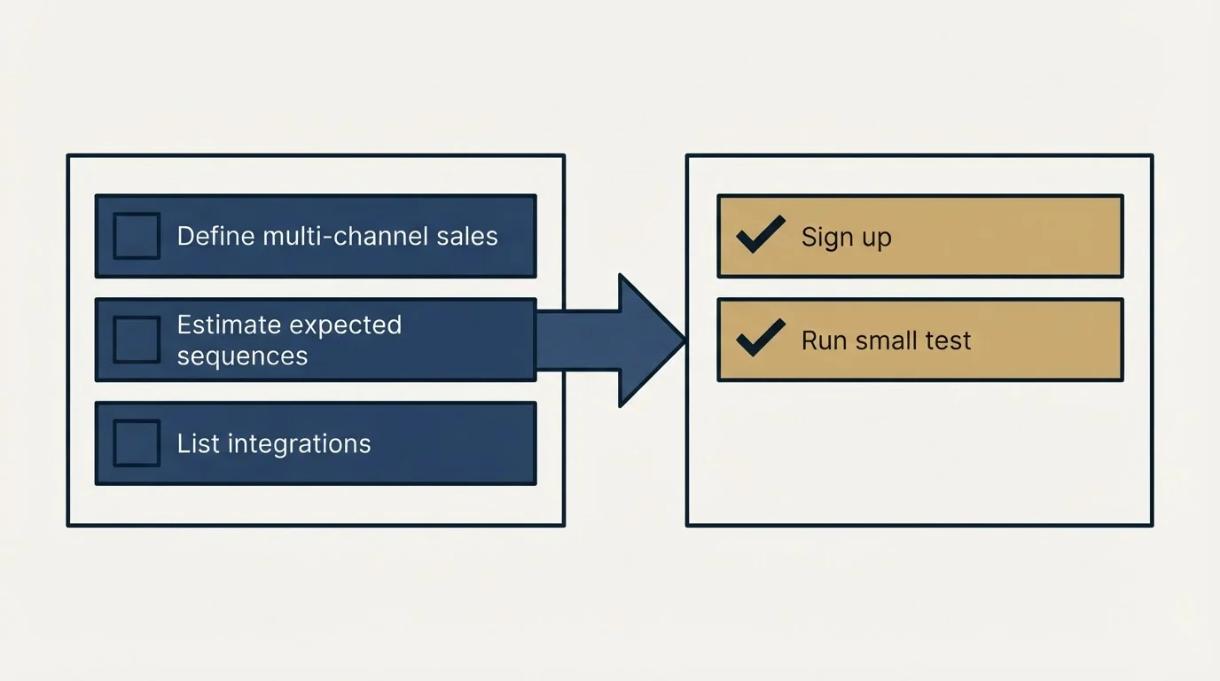 Before-and-after steps: Getting Started Checklist (Define multi-channel sales, Estimate expected sequences, List integrations, Sign up)