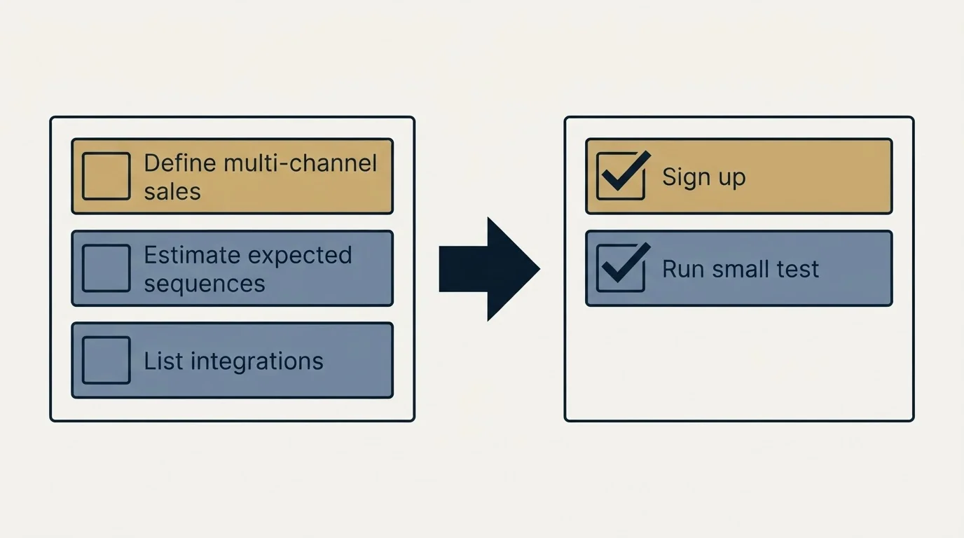 Before-and-after steps: Getting Started Checklist (Define multi-channel sales, Estimate expected sequences, List integrations, Sign up)